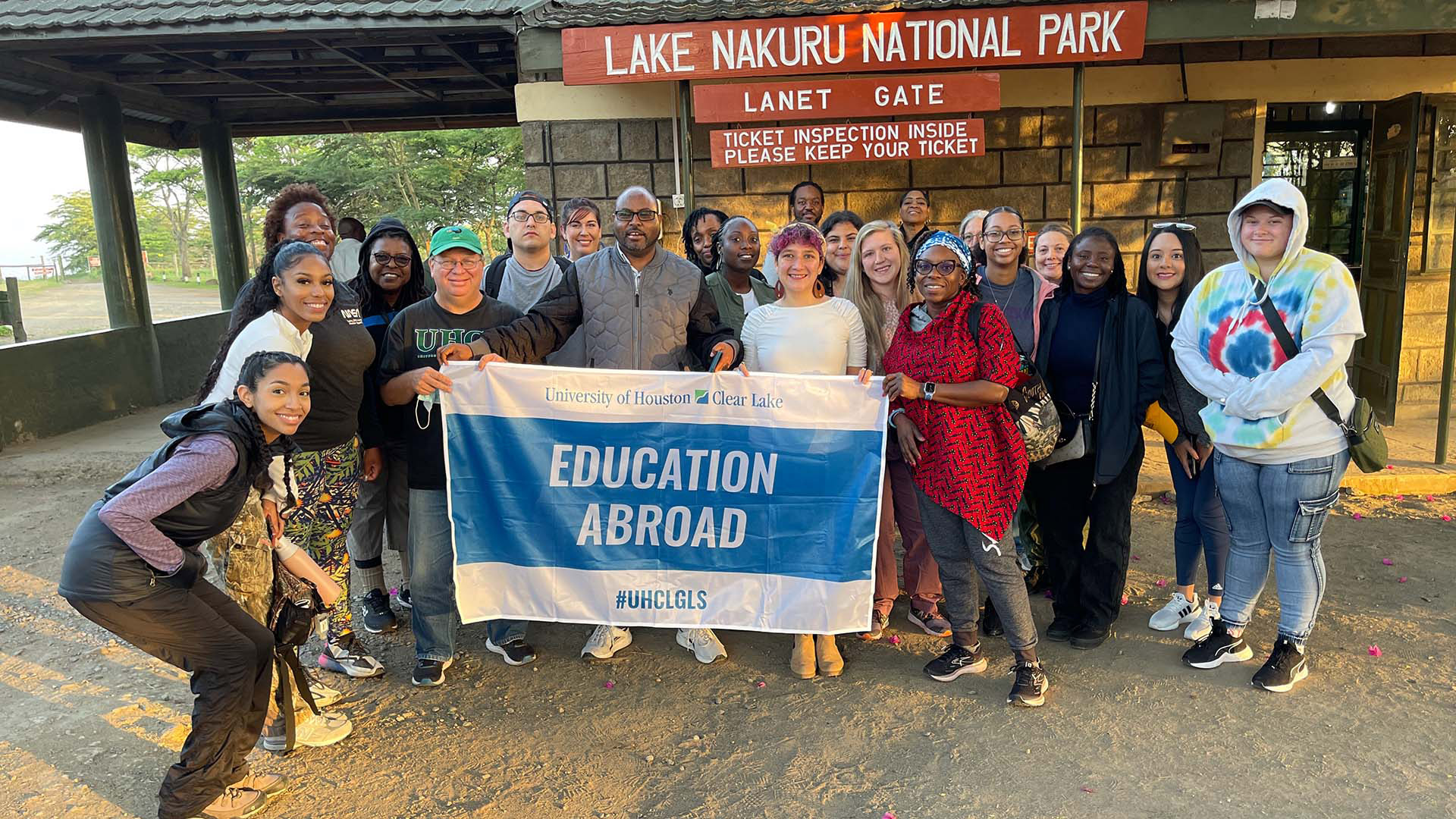 Group photo of UHCL students at Lake Nakuru National Park in Kenya