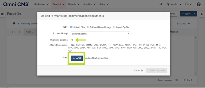 Omni CMS Screenshot - Upload to Dialog Box - Add Button