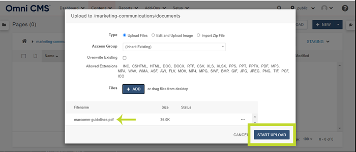 Omni CMS Screenshot - Upload to Dialog Box Start Upload Button